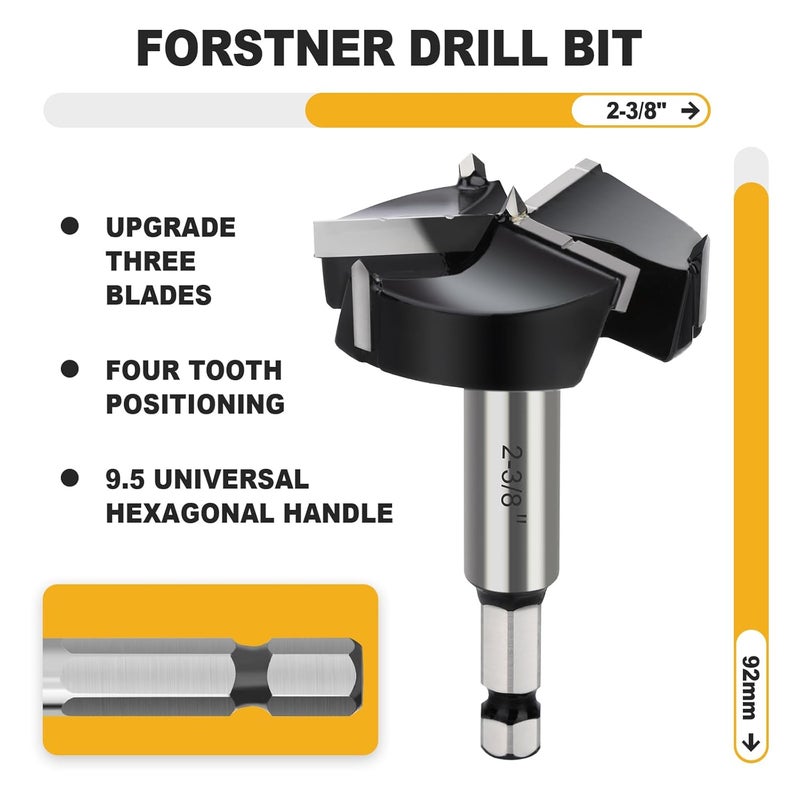 WOBLLMX 2-3/8" Forstner Drill Bit with 3/8" Quick Change Hex Shank,Triple Flute Tungsten Carbide Tipped - for Hard Wood,Soft Wood Woodworking Hinge Cutter Tool Kits for Veneered Plywood Plastic - Image 2